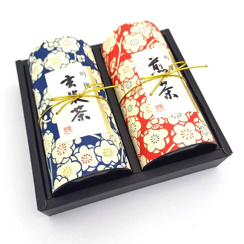 Duo de boîtes à thé japonaises bleu et rouge recouvertes de papier washi, UMEROMAN, 200 g