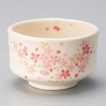 Cuenco japonés para la ceremonia del té - chawan, beige, flores rosas, SAKURA