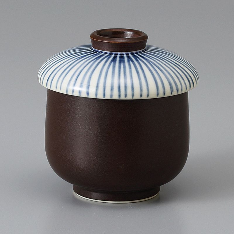 Japanische Chawanmushi Teeschale mit Deckel, schwarz mit blauen Linien, TOKUSA