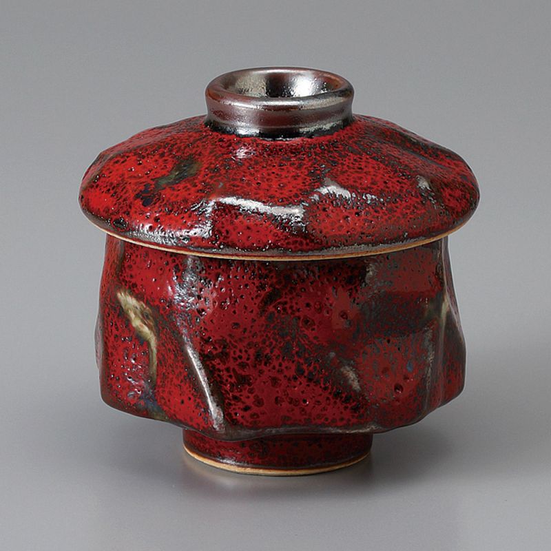 Ceramic tea cup with lid, red volcanic rock color, KURENAI YUZU TENMOKU