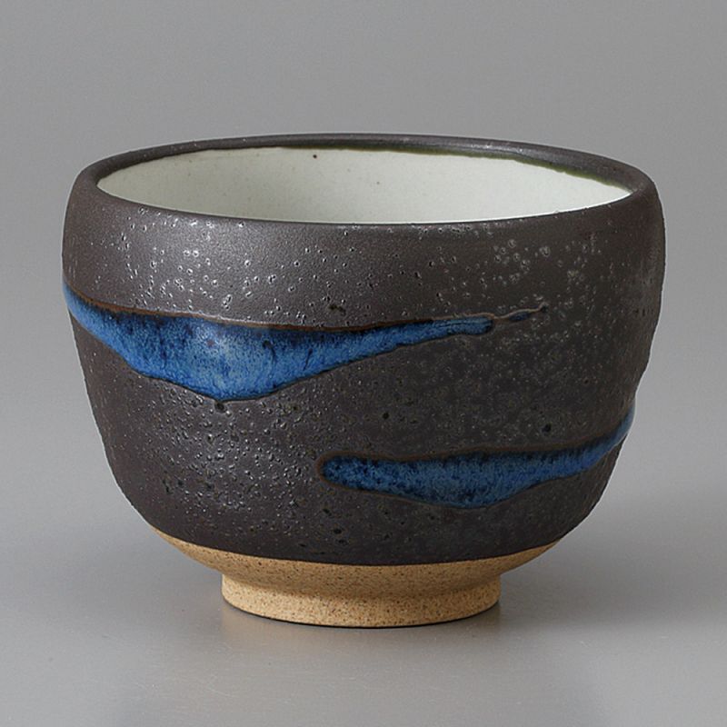 Tasse à thé japonaise en céramique, marron et ligne bleue - RAIN