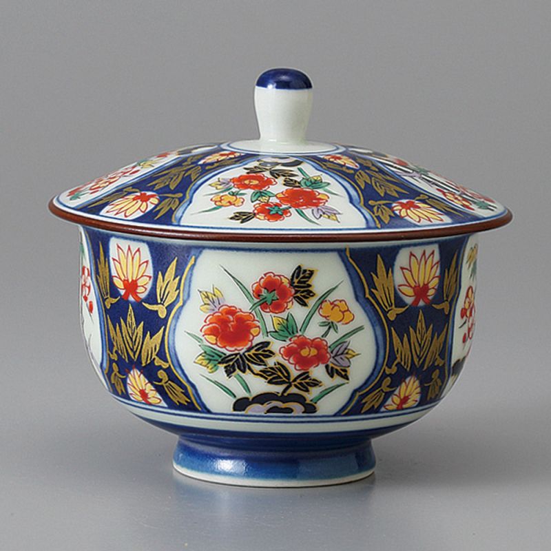 Bol à thé japonais Chawanmushi en céramique avec couvercle, motif fleurs, KOIMARI