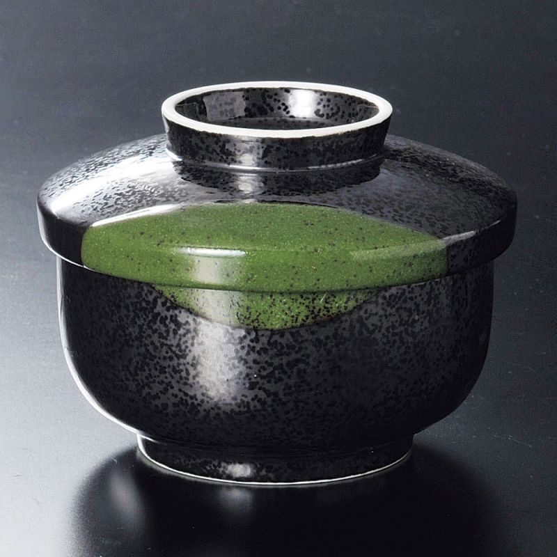 Japanische Teeschale Chawanmushi mit Deckel, schwarz und grün - SANKAKKEI