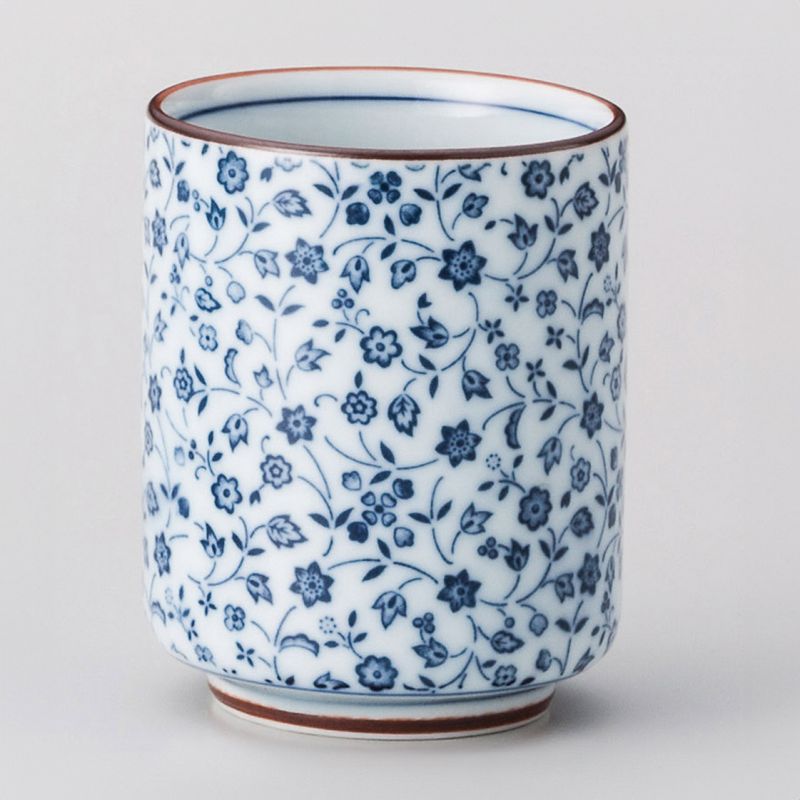 Taza blanca de té japonesa de ceramica, HANAMOMEN flores azules