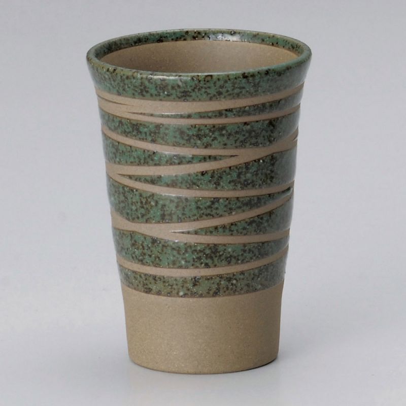 Große japanische grüne Teetasse aus keramik 11cm, ORIBE, linien