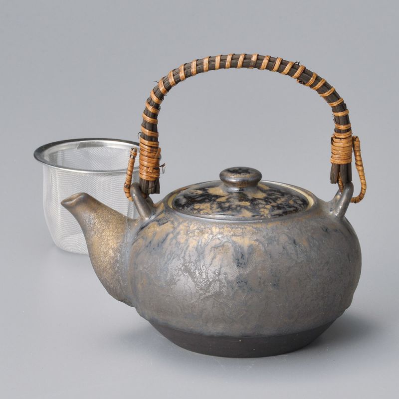 Japanese brown ceramic teapot with bronze effect handle