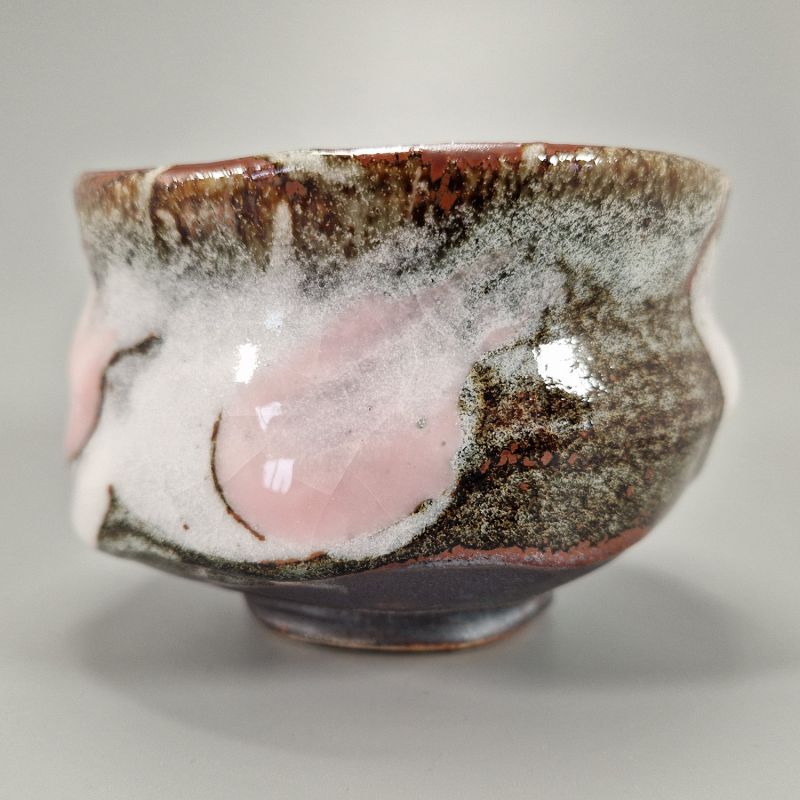 Japanische Teeschale für Zeremonie - chawan, SEIJI, grau weiß und rosa