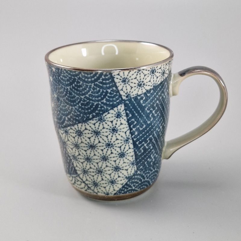 Taza de té japonesa de cerámica con asa, azul y blanco, patrón de patchwork