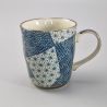 Tasse à thé japonaise en céramique avec anse, bleu et blanc, motif patchwork