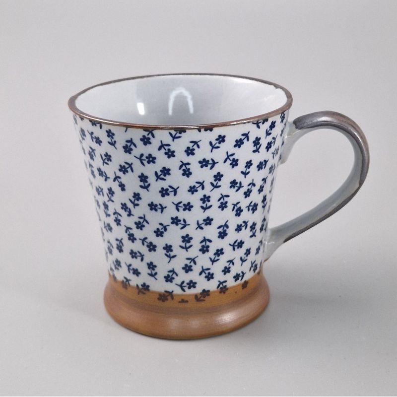 Japanese blue ceramic mug, white and blue flowers, HANA