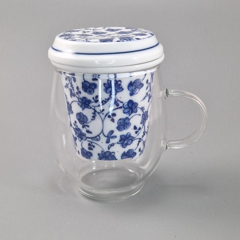 Japanische Teetasse aus Glas und Keramik mit Deckel, blaue und weiße Muster, HANA