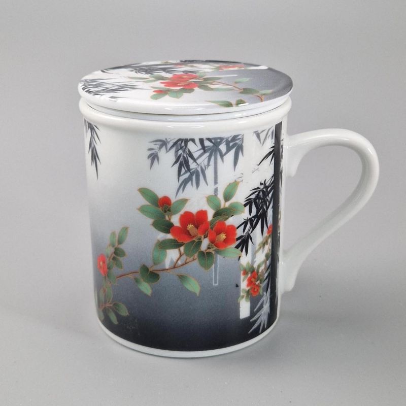 tazza tradizionale giapponese, SUMIE TAKE BOTAN, fiori di bambù e peonia