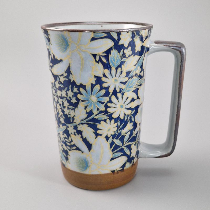 Large Japanese ceramic tea mug - Shippo Flowers Blue