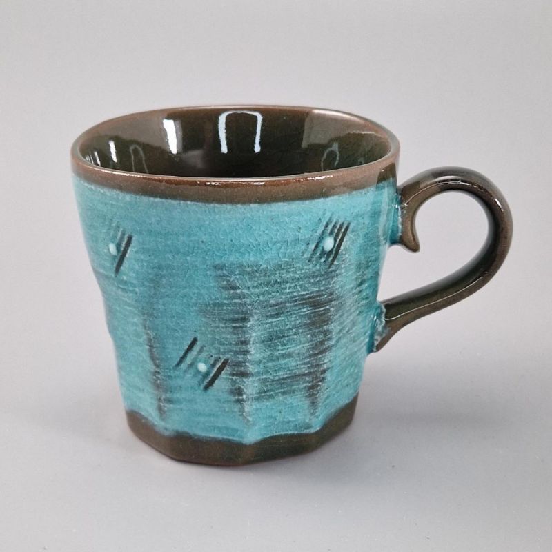 Taza de cerámica japonesa marrón y azul, líneas y puntos, DOT