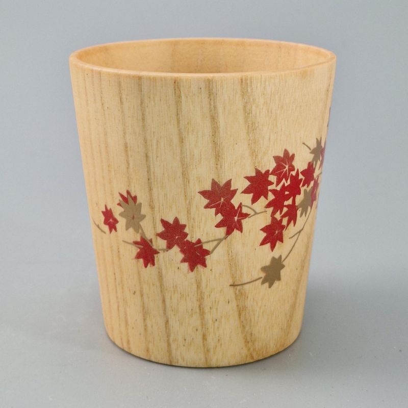 Tasse à thé japonaise en bois natsume motif feuilles d'érable laqué or et argent, MAKIE MOMIJI