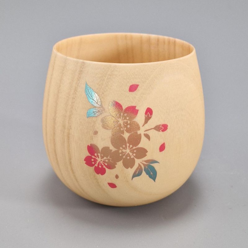 Tasse à thé japonaise en bois natsume motif feuilles de cerisier, SAKURA