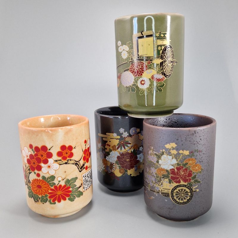 Set of 4 Japanese ceramic cups, traditional flowers - BOTAN