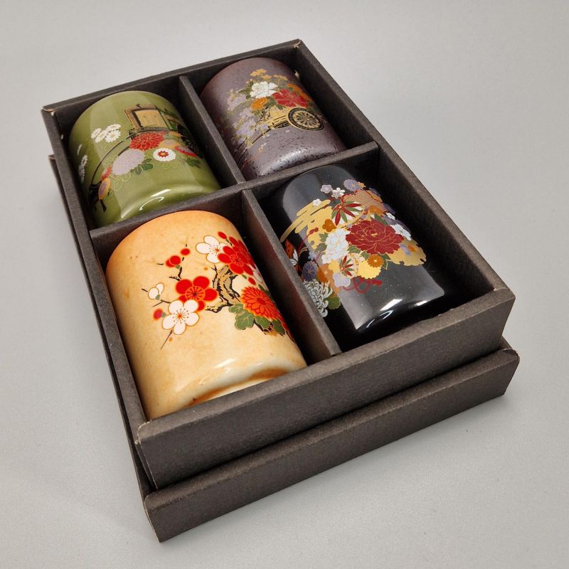 Set of 4 Japanese ceramic cups, traditional flowers - BOTAN