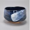 traditional Japanese matcha bowl, blue color, earthenware, KON UWAGUSURI SHIROHAKE