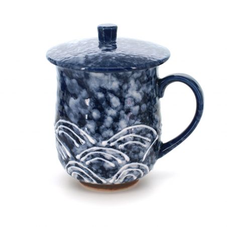 Japanische traditionelle Teetasse mit Deckel, schwarz und blau, SEIGAIHA