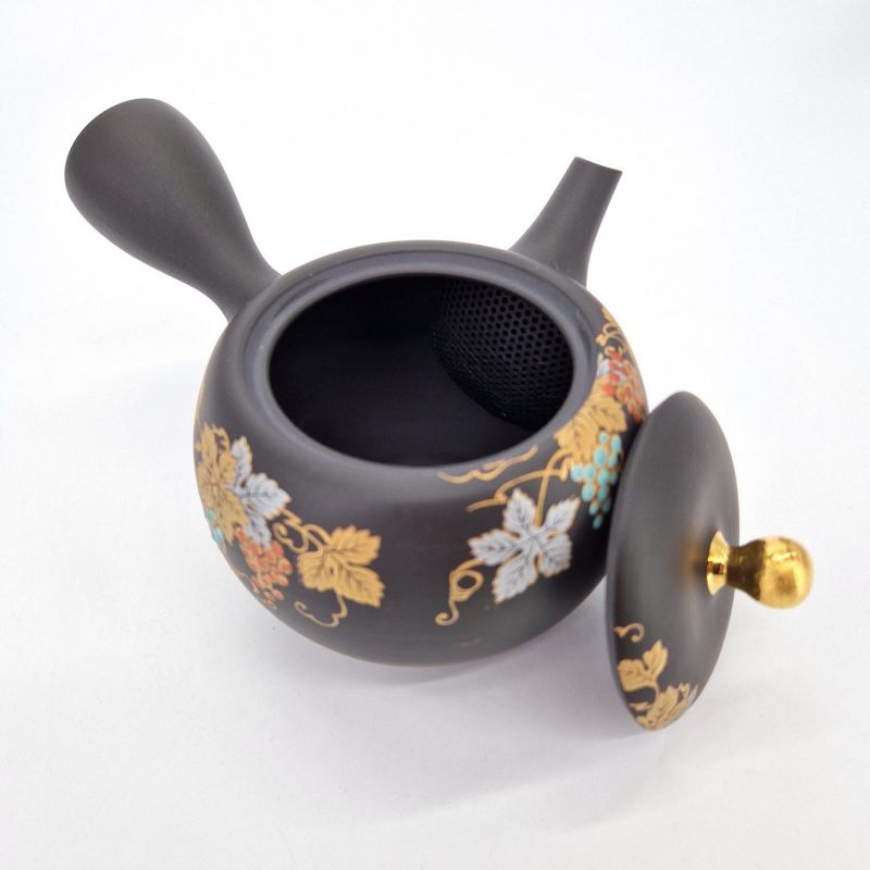 Japanese kyusu teapot in black tokoname clay with grape pattern, Budō, 270 cl