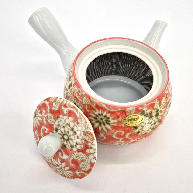 Japanische Kyusu-Teekanne aus Keramik, weiß mit rosa Blumen, PINKU NO HANA