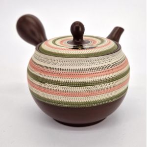 Théière kyusu japonaise tokoname marron motifs lignes rose et verte,SUTORAIPO, 350 cc