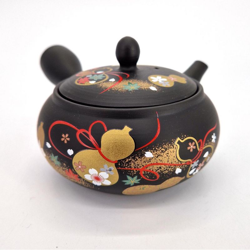 Japanese kyusu teapot in black tokoname clay with gourd pattern, HYOTAN, 33 cl