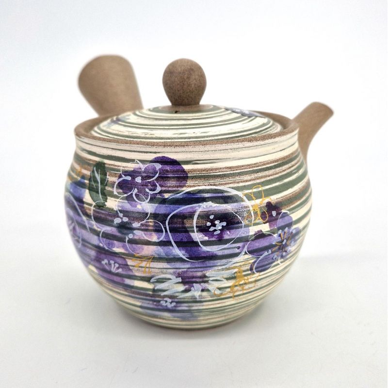 Teiera giapponese kyusu in terra grigia con motivo floreale viola, Murasaki no hana, 420 cc