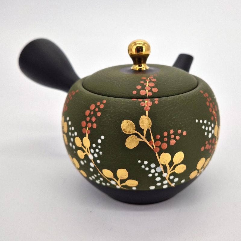 Japanese kyusu teapot in black and green tokoname clay with fern pattern, SHIDA, 320 cc