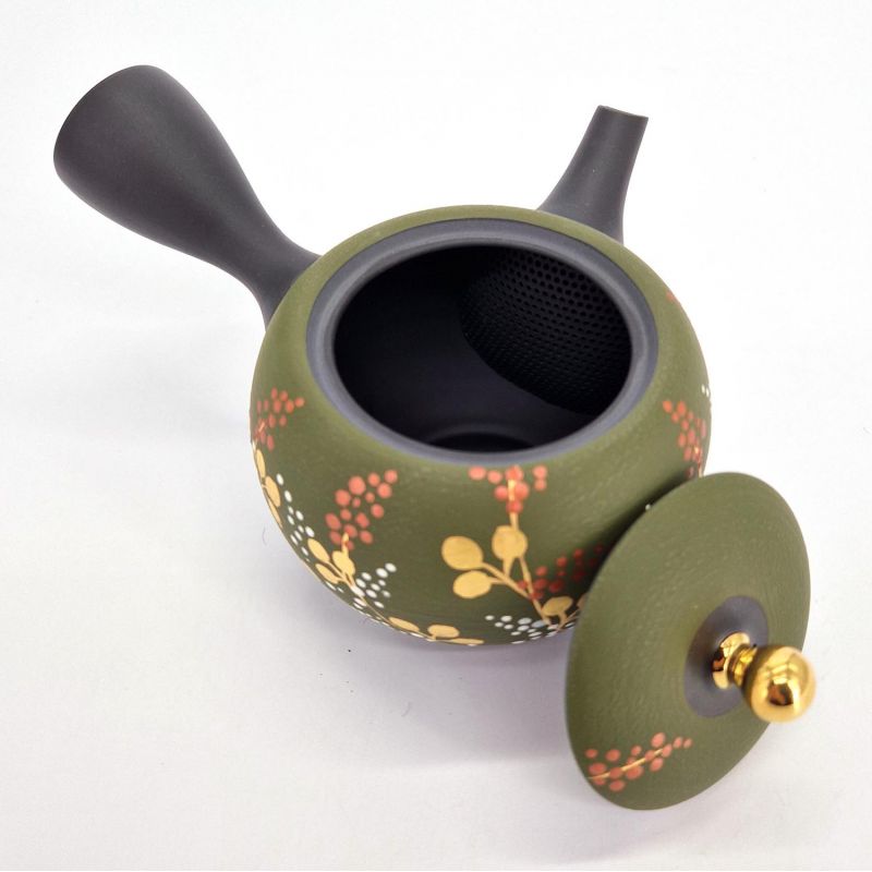 Teiera giapponese Kyusu in terra tokoname nera e verde con motivo a felce, SHIDA, 320 cc