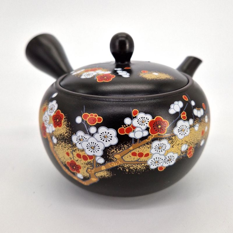 Japanese kyusu teapot in black tokoname clay with flower pattern, SAKURA, 400 cc