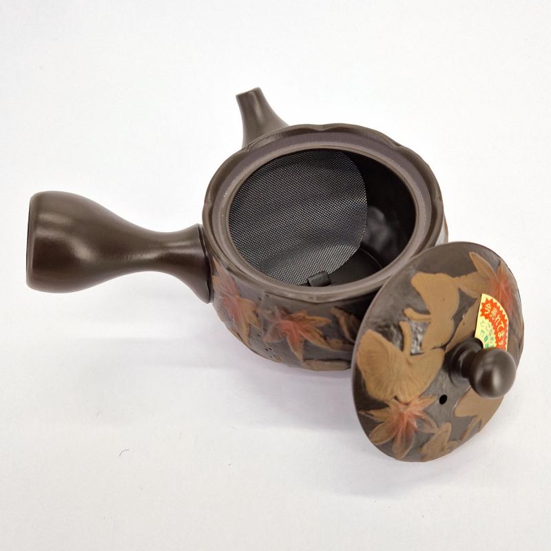 Teiera giapponese kyusu in argilla nera con motivo tokoname GINKGO MOMIJI, 280 cc