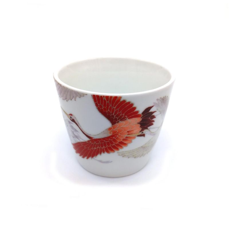 Set théière et 4 tasses -blanc et rouge - motif Grue en céramique