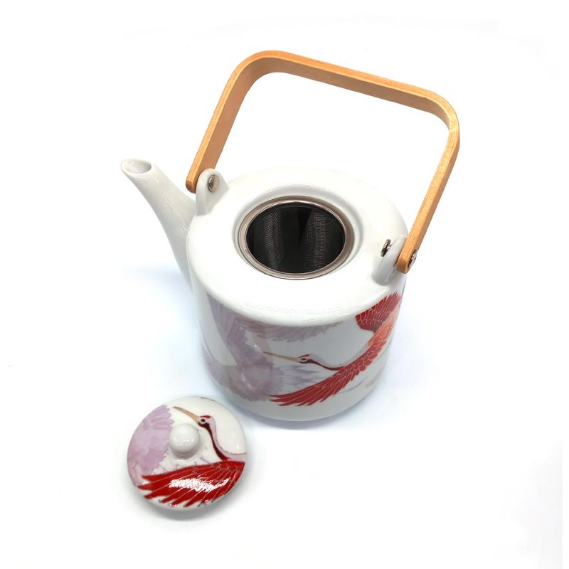 Set théière et 4 tasses -blanc et rouge - motif Grue en céramique