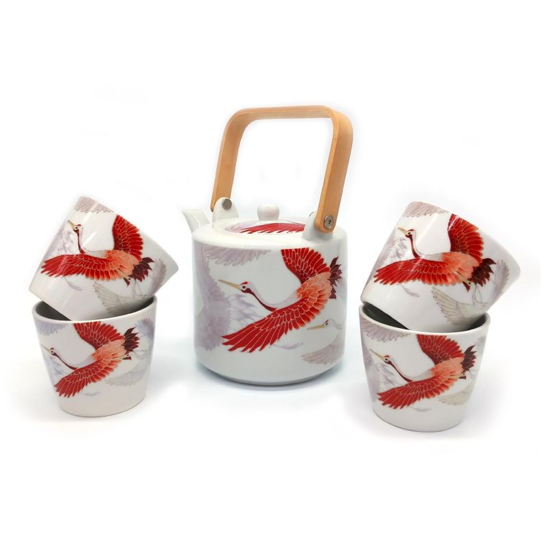 Teapot and 4 cups set - Crane pattern - in white and red ceramic.