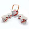 Set théière et 4 tasses -blanc et rouge - motif Grue en céramique