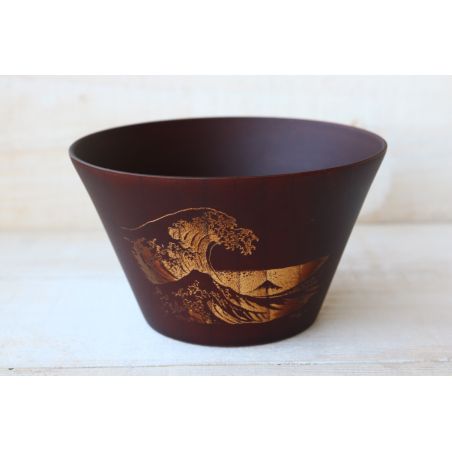 Japanese rice bowl in dark natsume wood with wave pattern - NAMI