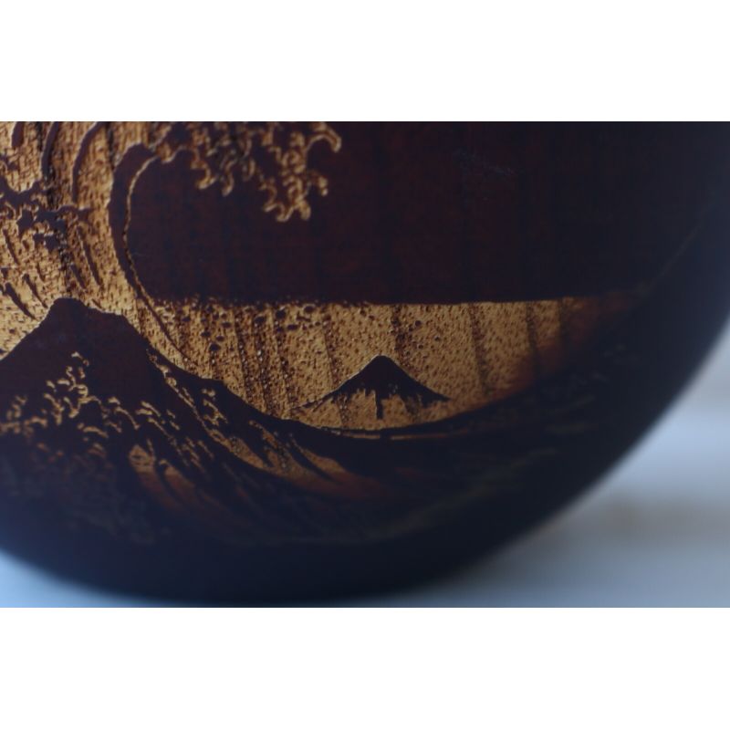 Japanese round rice bowl in dark natsume wood with wave pattern - NAMI