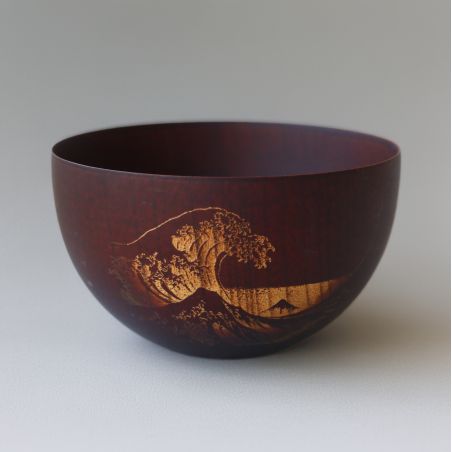 Japanese round rice bowl in dark natsume wood with wave pattern - NAMI