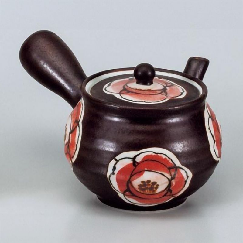 Japanese kyusu ceramic teapot with filter and enamelled interior, black, large flowers - OKINA HANA