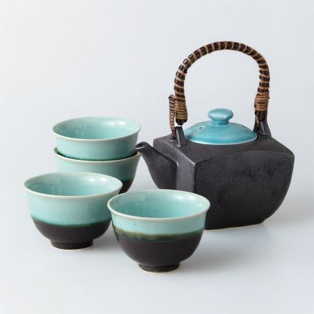 Set théière et 4 tasses noir et bleu en céramique - AOMI