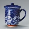 Japanische traditionelle Teetasse mit Deckel, schwarz und blau, SEIGAIHA