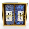 Duo of blue Japanese tea canisters covered with washi paper, AIZOME, 200 g