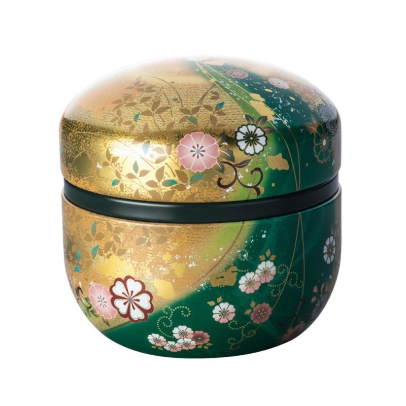 Boîte à thé japonaise verte et dorée en métal, SUZUKO HANAFUBUKI, 150 g