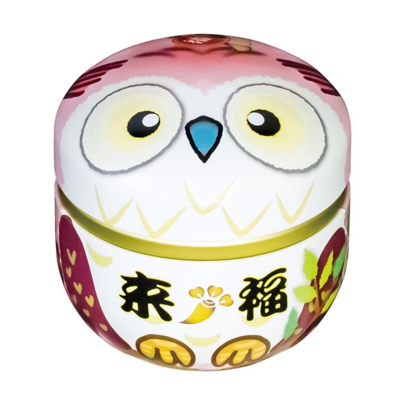 Boîte à thé japonaise rose en métal motif hibou, Furuko, 150gr