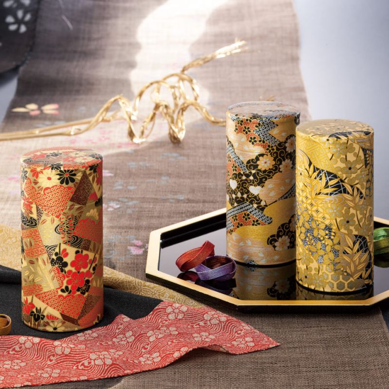 Japanese red and gold tea caddy in washi paper, KOGANE, 200 g