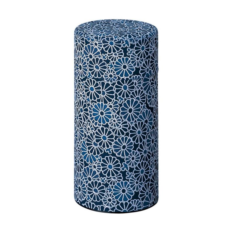 Boîte à thé japonaise bleue motifs chrysanthèmes en papier washi, AIZOME KIKU, 200 g