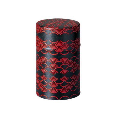 Japanese Tea Box Black and Red Metal Waves Design, SEIGAIHA, 150 g