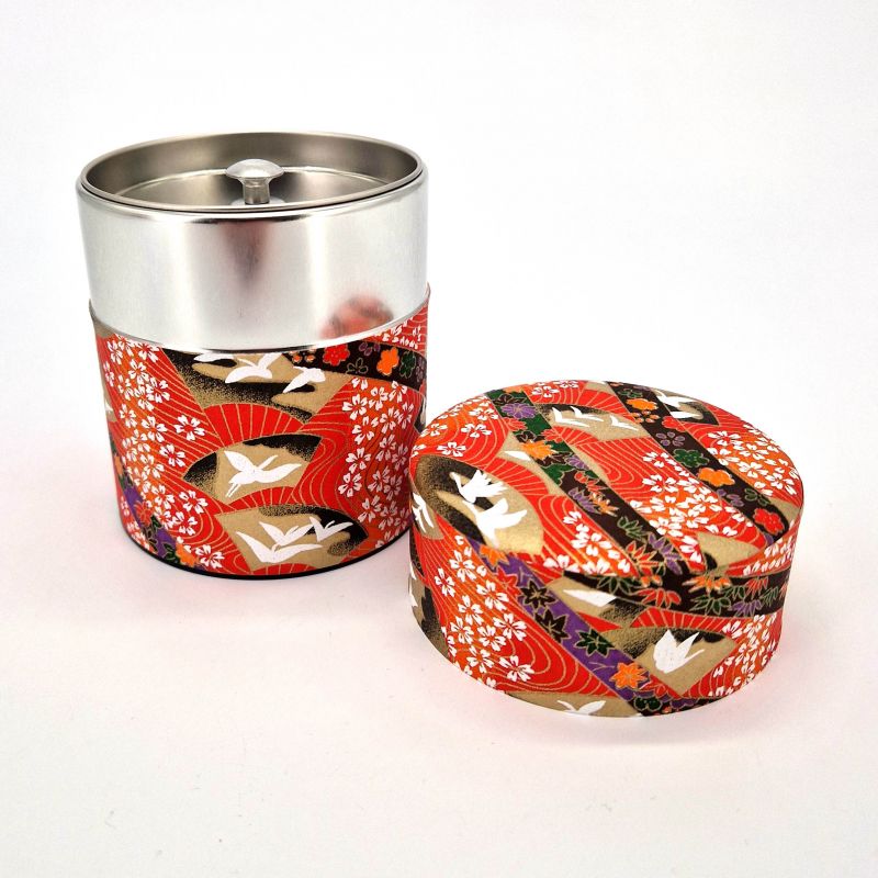 Flat Japanese red tea canister in washi paper, YUZEN TSURU, 150 g